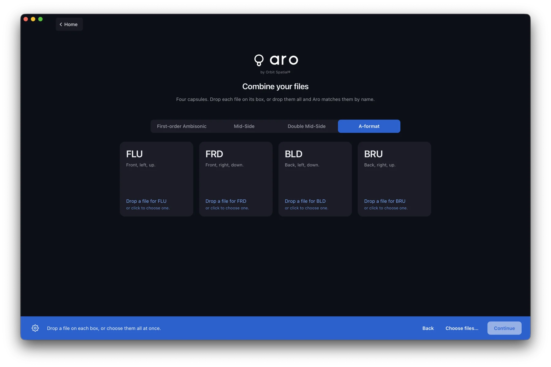 Combine your files on the A-format tab: four boxes for the capsules FLU (front, left, up), FRD (front, right, down), BLD (back, left, down) and BRU (back, right, up)