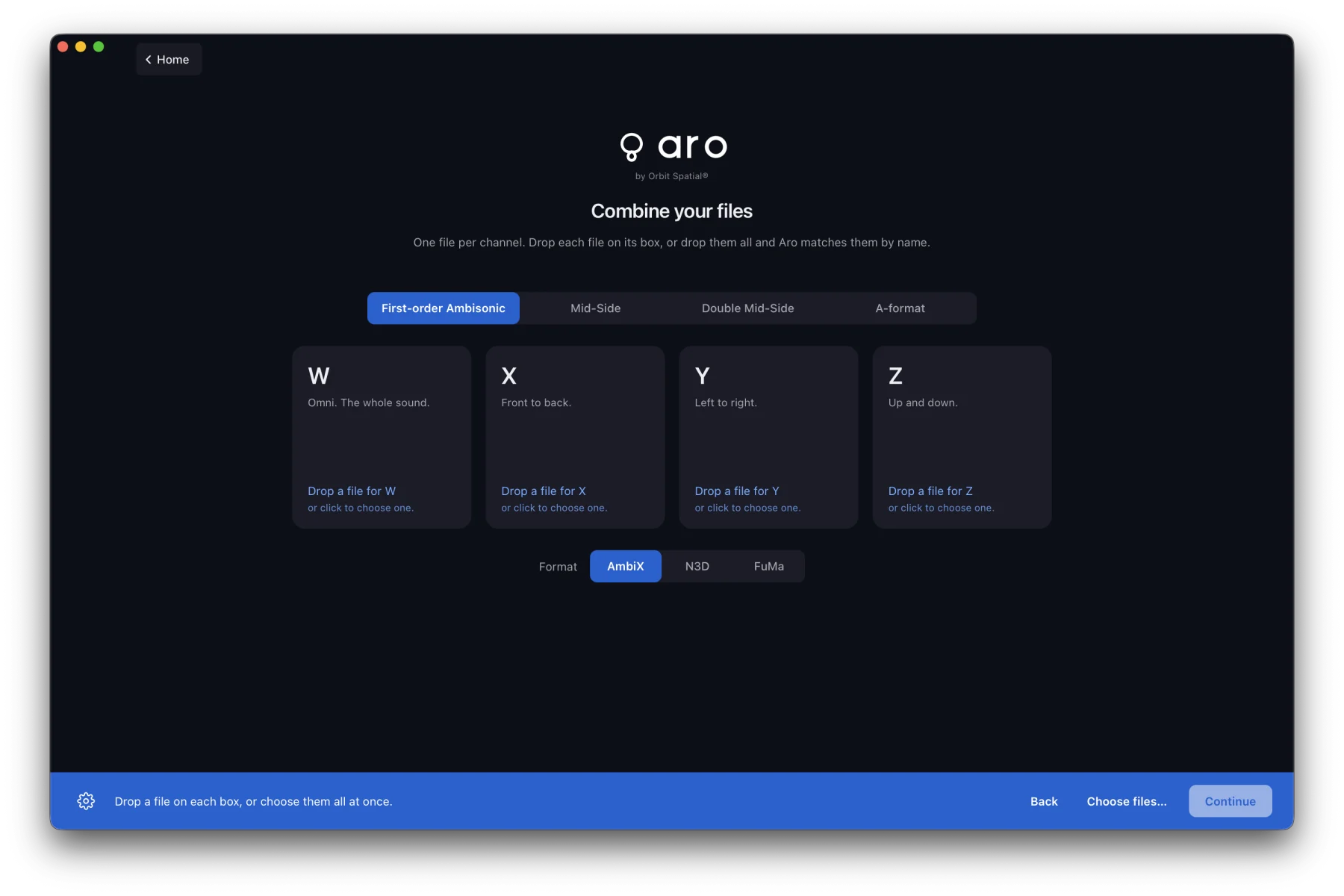 Combine your files on the First-order Ambisonic tab: four boxes, W (omni), X (front to back), Y (left to right) and Z (up and down), each asking for a file, and the Format choice under them