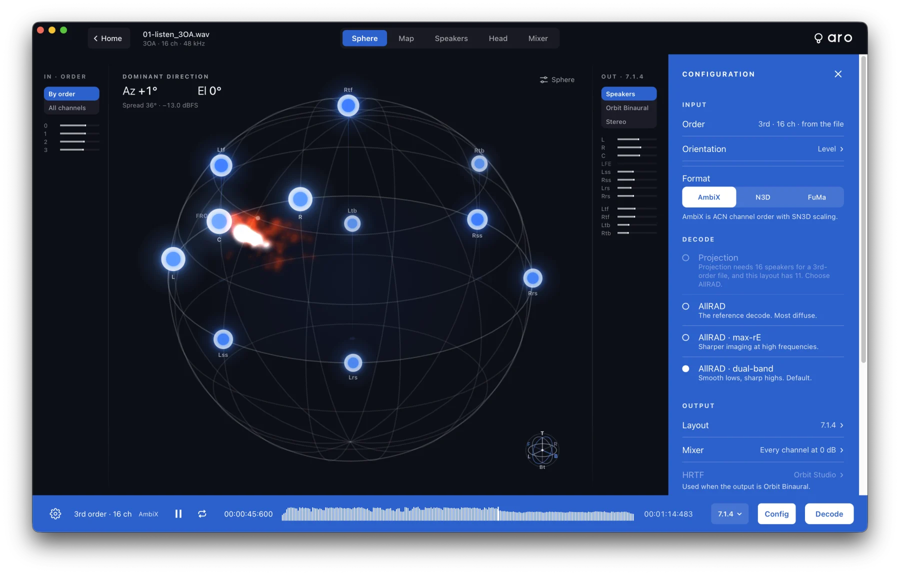 The Configuration sidebar beside the Sphere view: Order, Orientation, Format (AmbiX, N3D, FuMa), the four decode modes with Projection off and its reason, and Layout, Mixer and HRTF