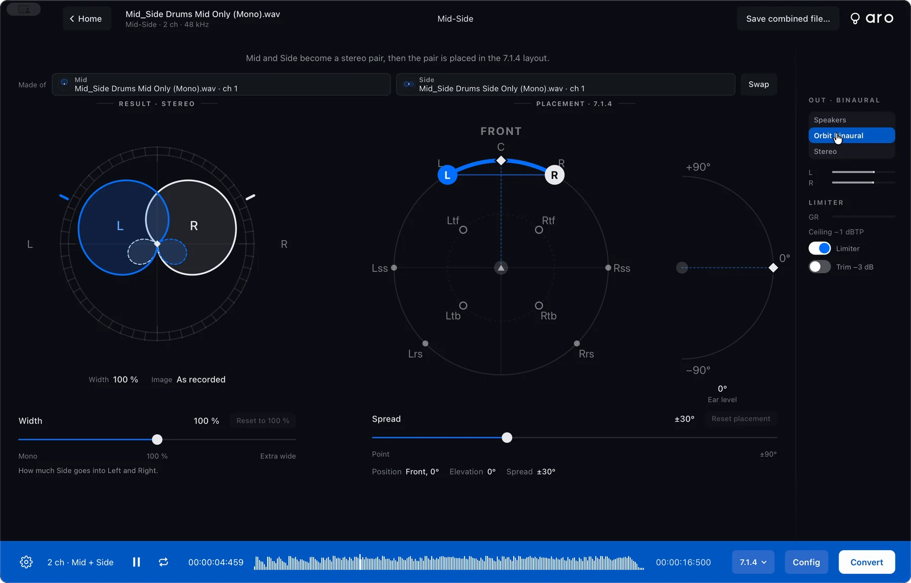Mid-Side placed in 7.1.4: the stereo result dial, the top-down placement pad with the L and R pair at the front, the elevation arc at ear level, and the Spread slider at ±30°