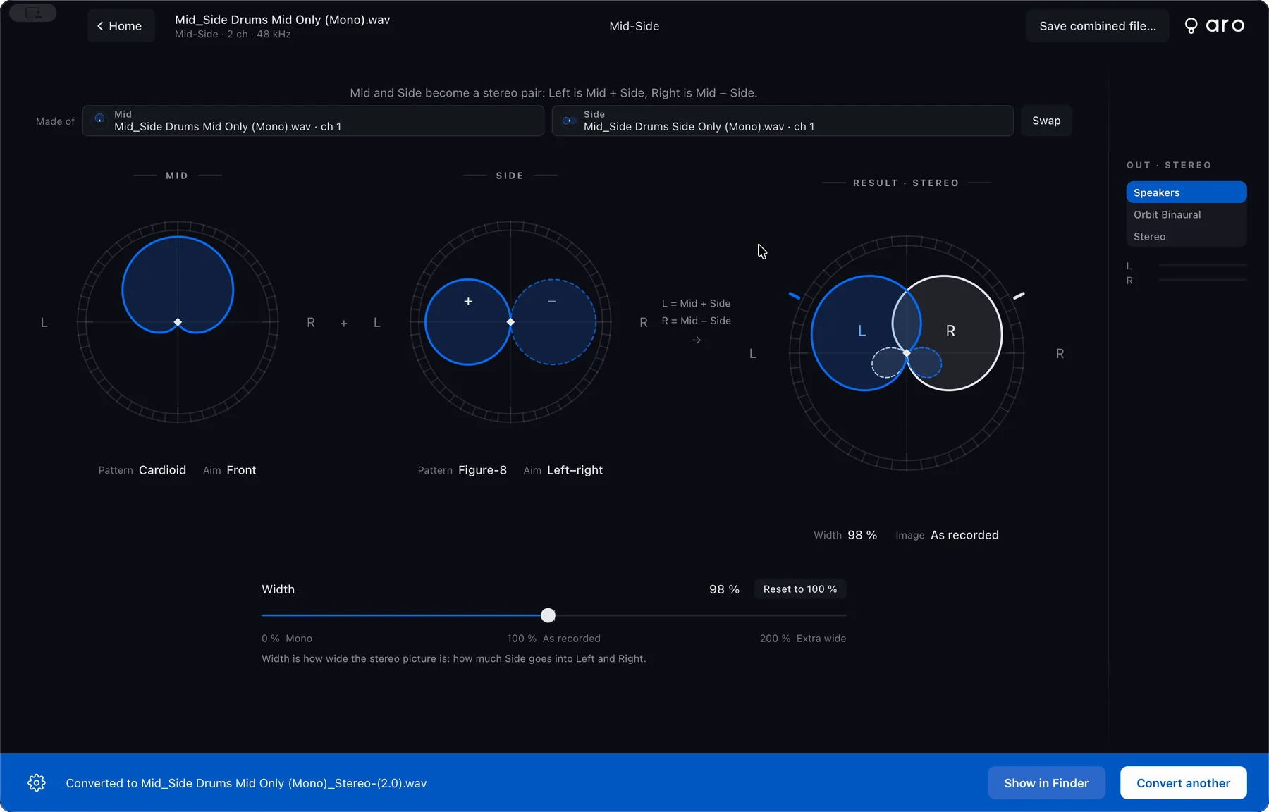 Mid-Side to stereo after converting: the Mid (cardioid, front) and Side (figure-8, left-right) patterns, the stereo result dial at 98 % width, As recorded, and the footer reading Converted to … with Show in Finder and Convert another