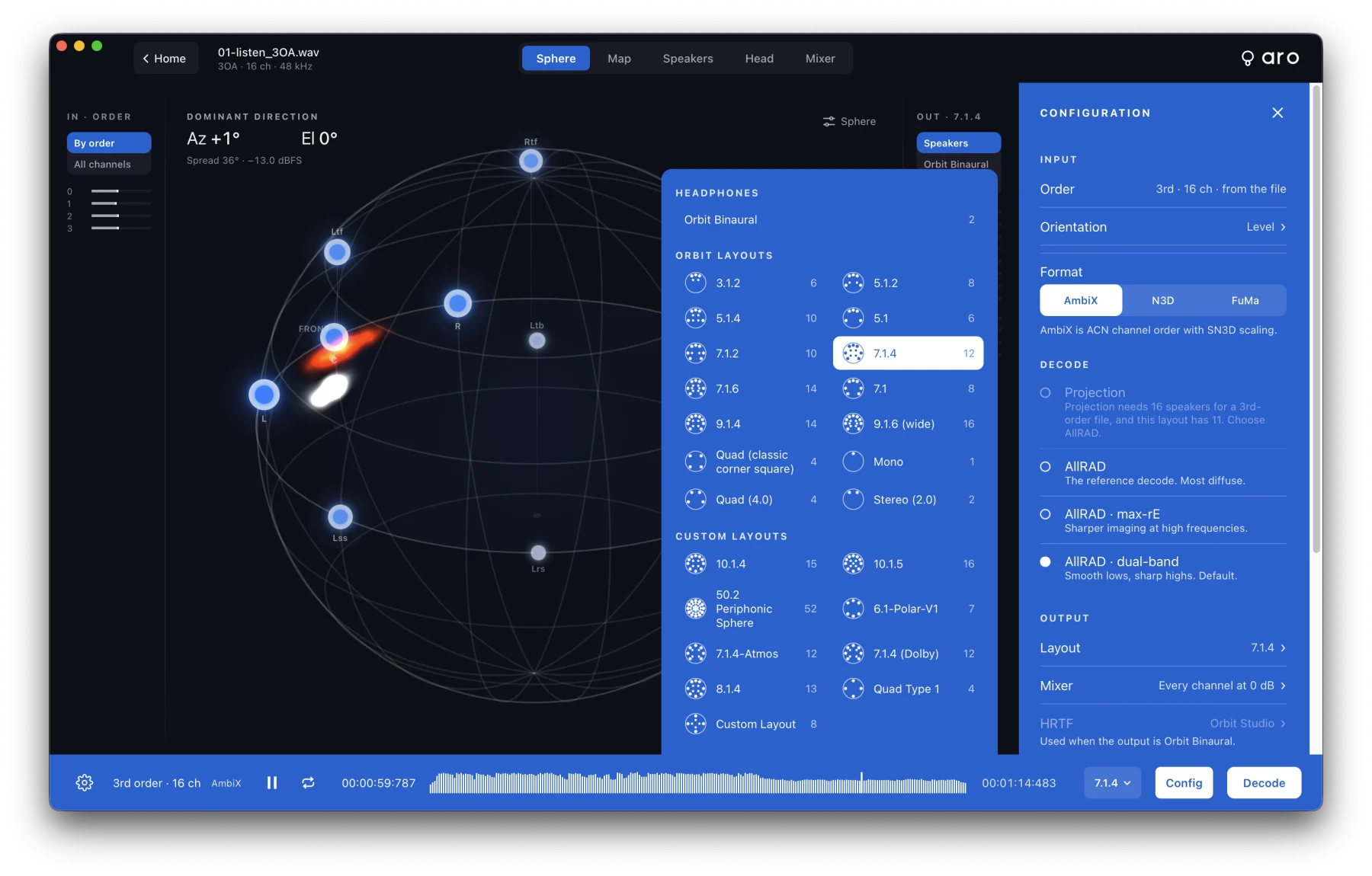 The layout picker open: Headphones (Orbit Binaural), Orbit Layouts from 3.1.2 to 9.1.6 (wide) with their channel counts, and a Custom Layouts section