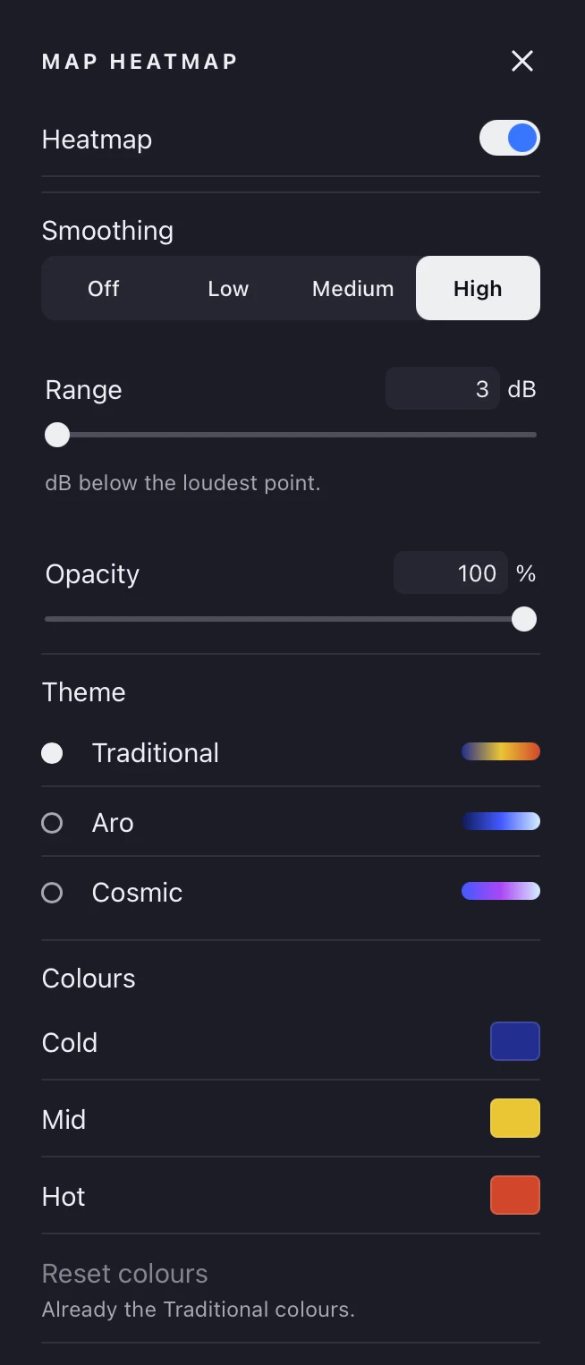The Map Heatmap settings: Heatmap switch, Smoothing (Off, Low, Medium, High), Range in dB below the loudest point, Opacity, Theme (Traditional, Aro, Cosmic) and Cold, Mid and Hot colours