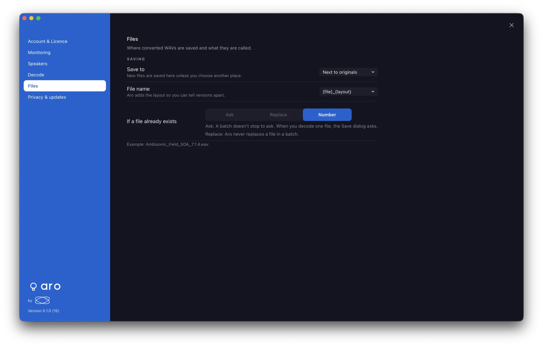 Preferences ▸ Files: Save to Next to originals, File name {file}_{layout}, If a file already exists set to Number, and an example name