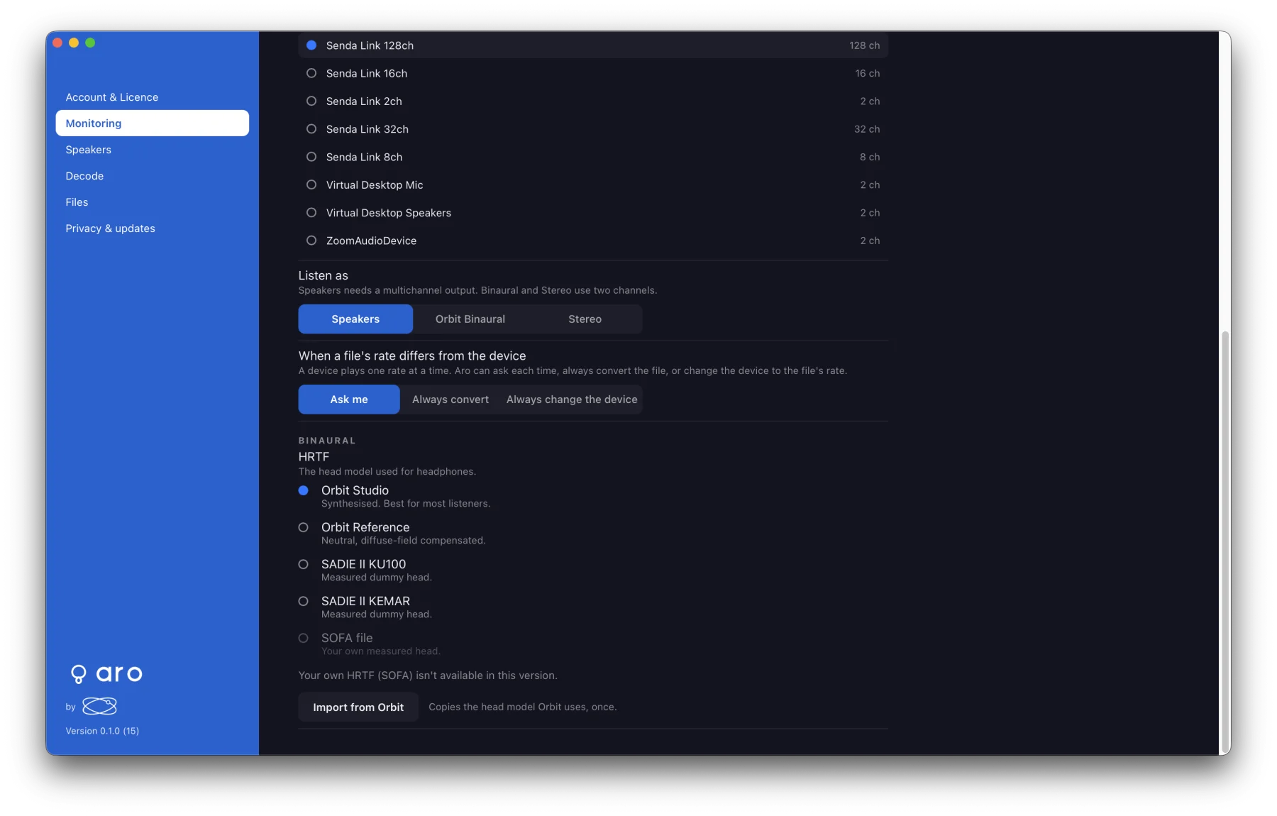 Preferences ▸ Monitoring: Listen as, When a file's rate differs from the device, and the HRTF profiles: Orbit Studio, Orbit Reference, SADIE II KU100, SADIE II KEMAR, SOFA file (unavailable) and Import from Orbit