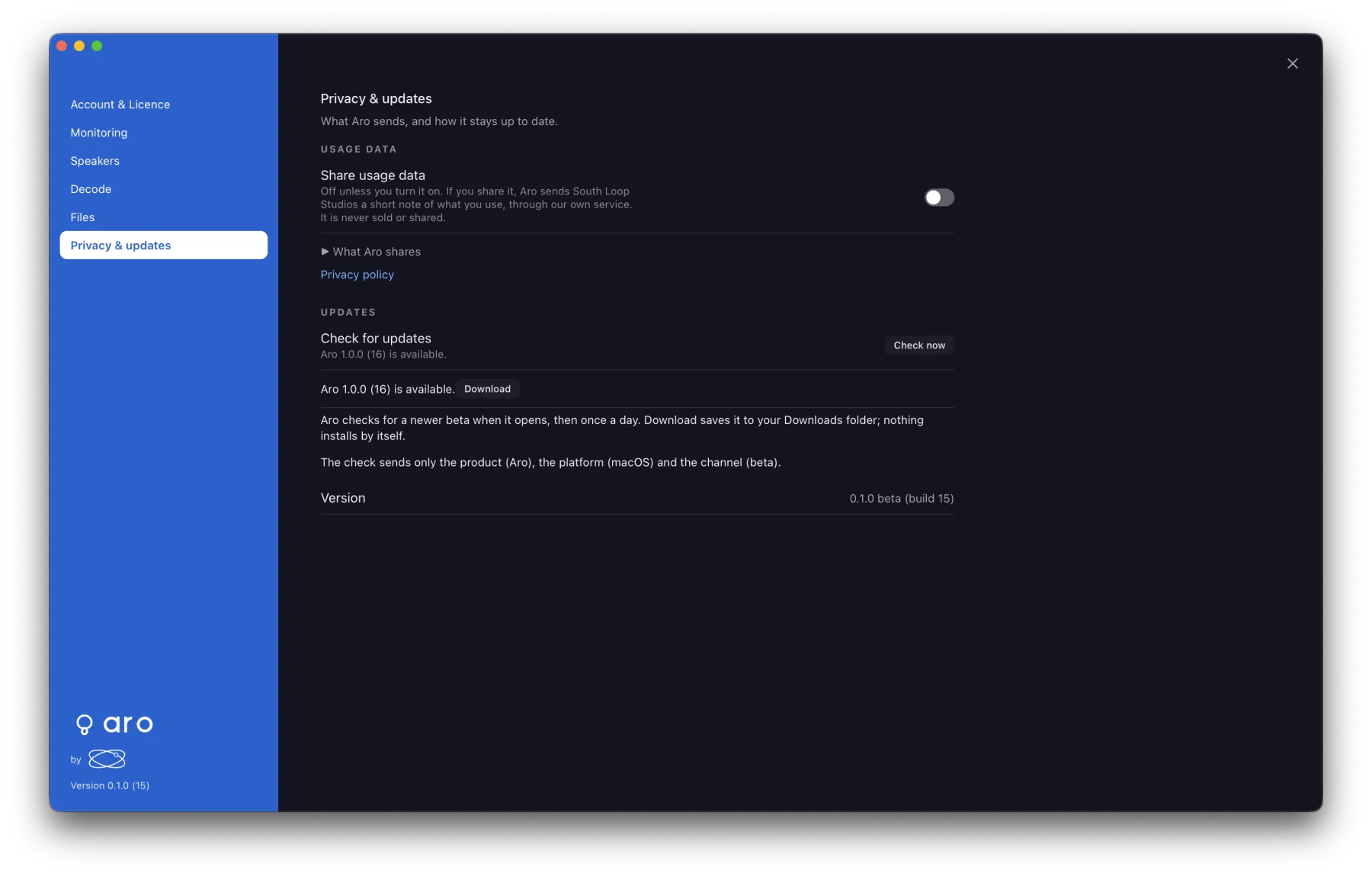 Preferences ▸ Privacy & updates showing a newer Aro available with a Download button, and what the update check sends