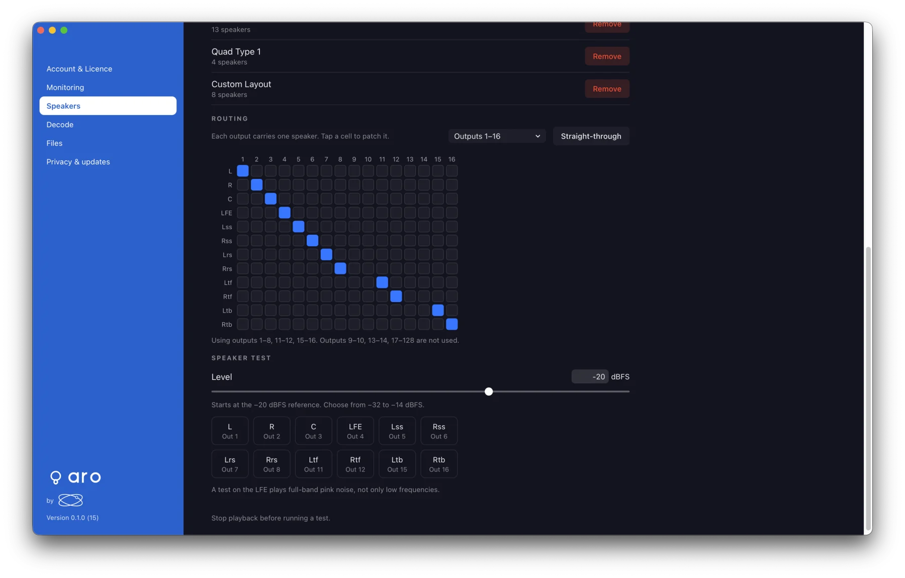 Preferences ▸ Speakers: custom layouts with Remove buttons, the routing grid patching 7.1.4 to outputs 1–8, 11–12 and 15–16, and the Speaker test with a button for each speaker and its output
