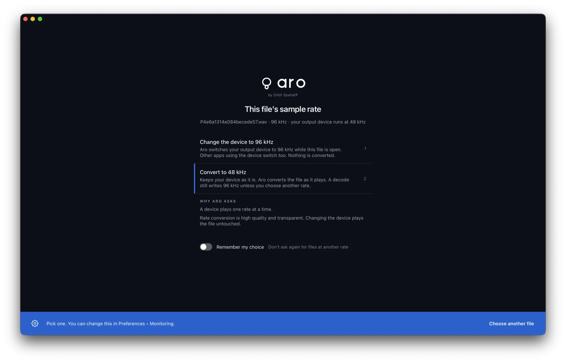 This file's sample rate: a 96 kHz file on a 48 kHz device, with Change the device to 96 kHz, Convert to 48 kHz, Why Aro asks, and a Remember my choice switch
