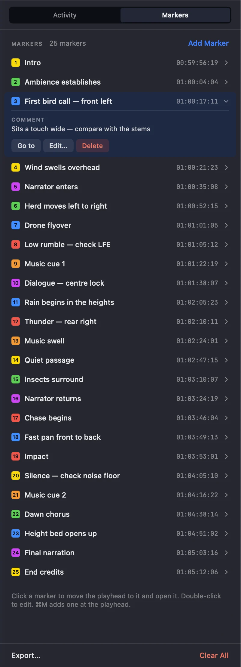 The Markers tab — 25 markers, each with a coloured number, name and timecode; marker 3, First bird call — front left, is open, showing its comment and Go to, Edit… and Delete buttons; Export… and Clear All at the bottom