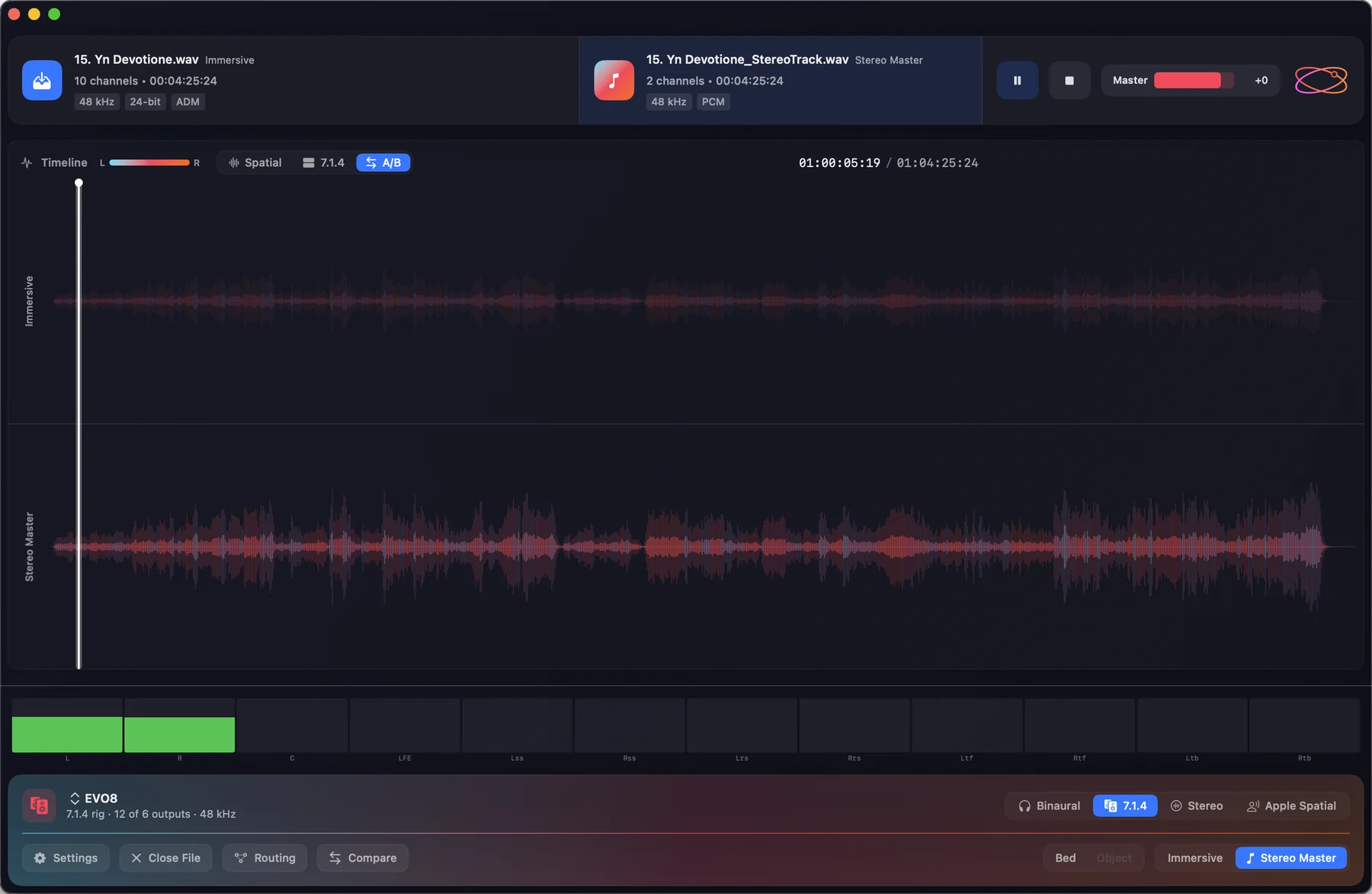 The main window in the A/B timeline view with Stereo Master active — the immersive lane dimmed above the stereo master lane