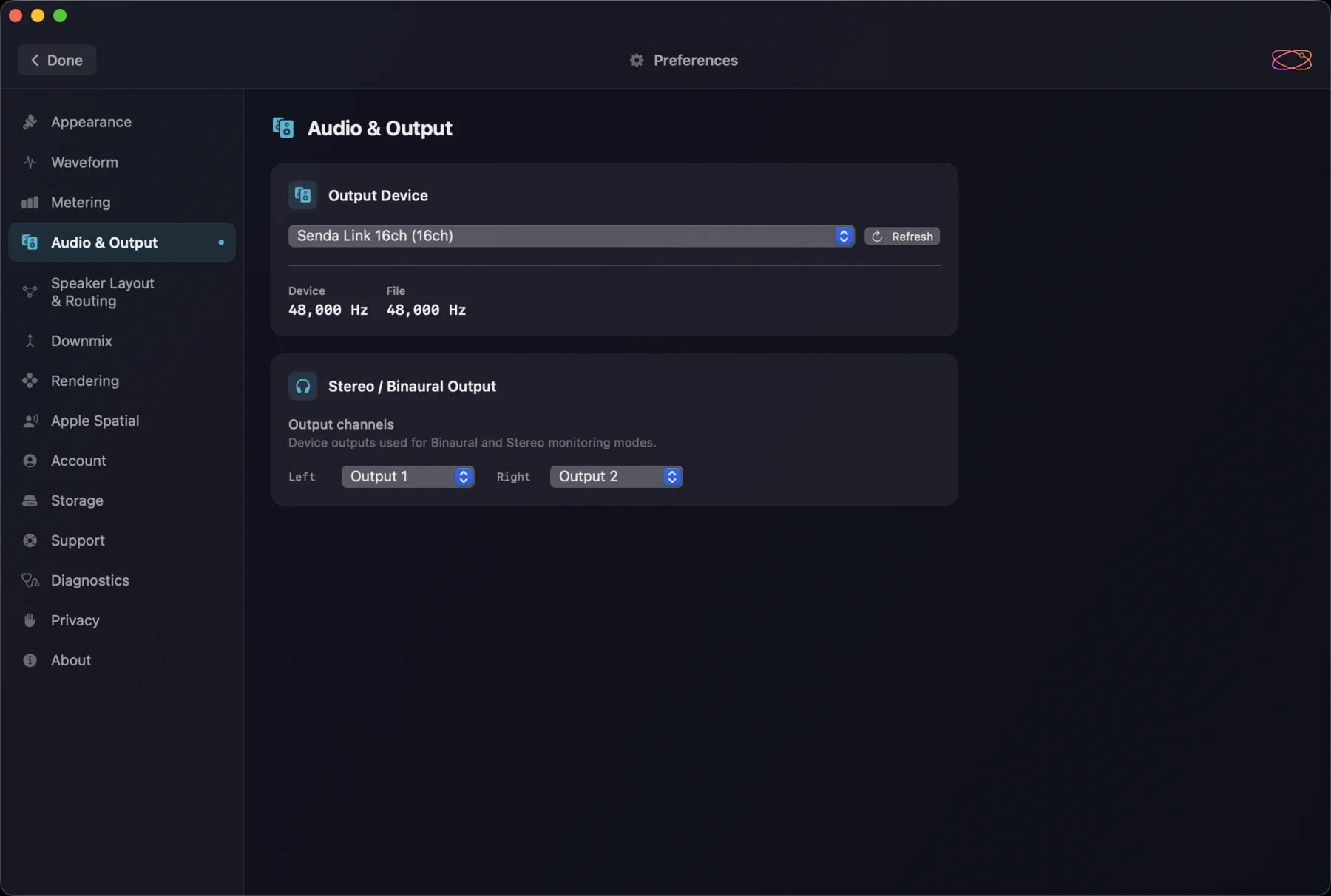The Audio & Output preferences pane — Output Device picker with Refresh, the Device/File sample-rate readout, and the Stereo / Binaural output channels