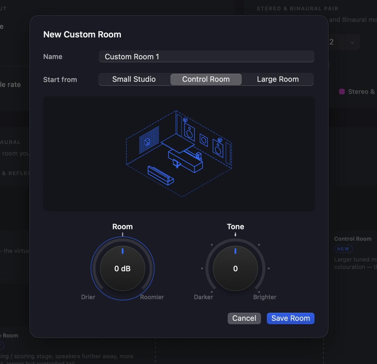 The New Custom Room sheet: a Name field, Start from Small Studio, Control Room or Large Room (Control Room chosen), a drawing of the room, then the Room knob at 0 dB (Drier to Roomier) and the Tone knob at 0 (Darker to Brighter), and Cancel and Save Room