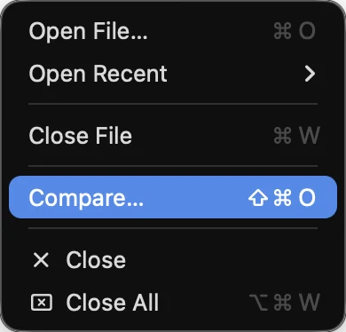 The File menu — Open File (⌘O), Open Recent, Close File (⌘W), Compare (⇧⌘O), Close, Close All