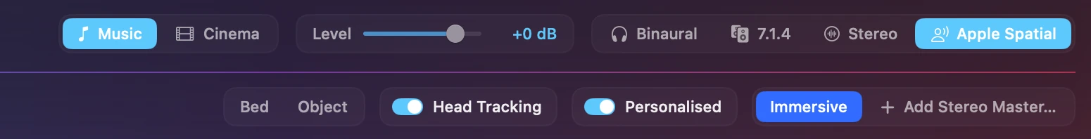 The 1.3.2 beta footer in Apple Spatial mode: Music and Cinema buttons and a Level slider at +0 dB beside the mode switch, and Head Tracking and Personalised switches, both on, on the row below