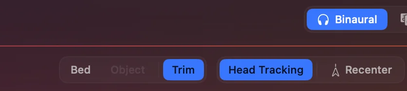 The footer in Binaural mode with Head Tracking on and the Recenter button beside it