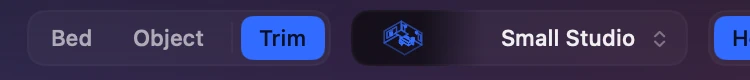 The footer in Binaural mode: the Bed, Object and Trim buttons, then the room chip — a drawing of the room and Small Studio — beside Head Tracking