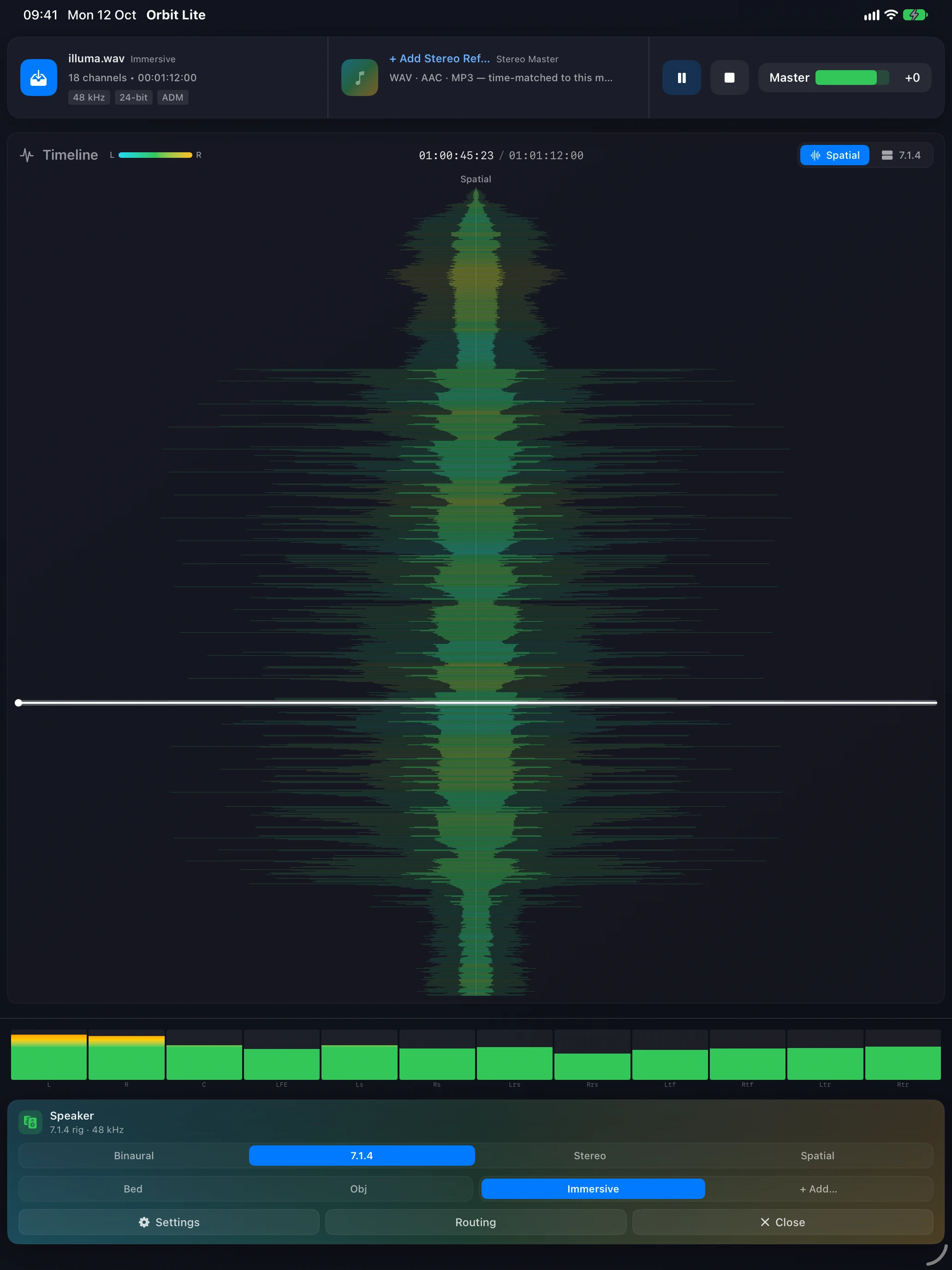 Orbit Lite on iPad — the immersive master, the Add Stereo Ref slot and the transport in one bar, the Spatial timeline, the meters and the footer card
