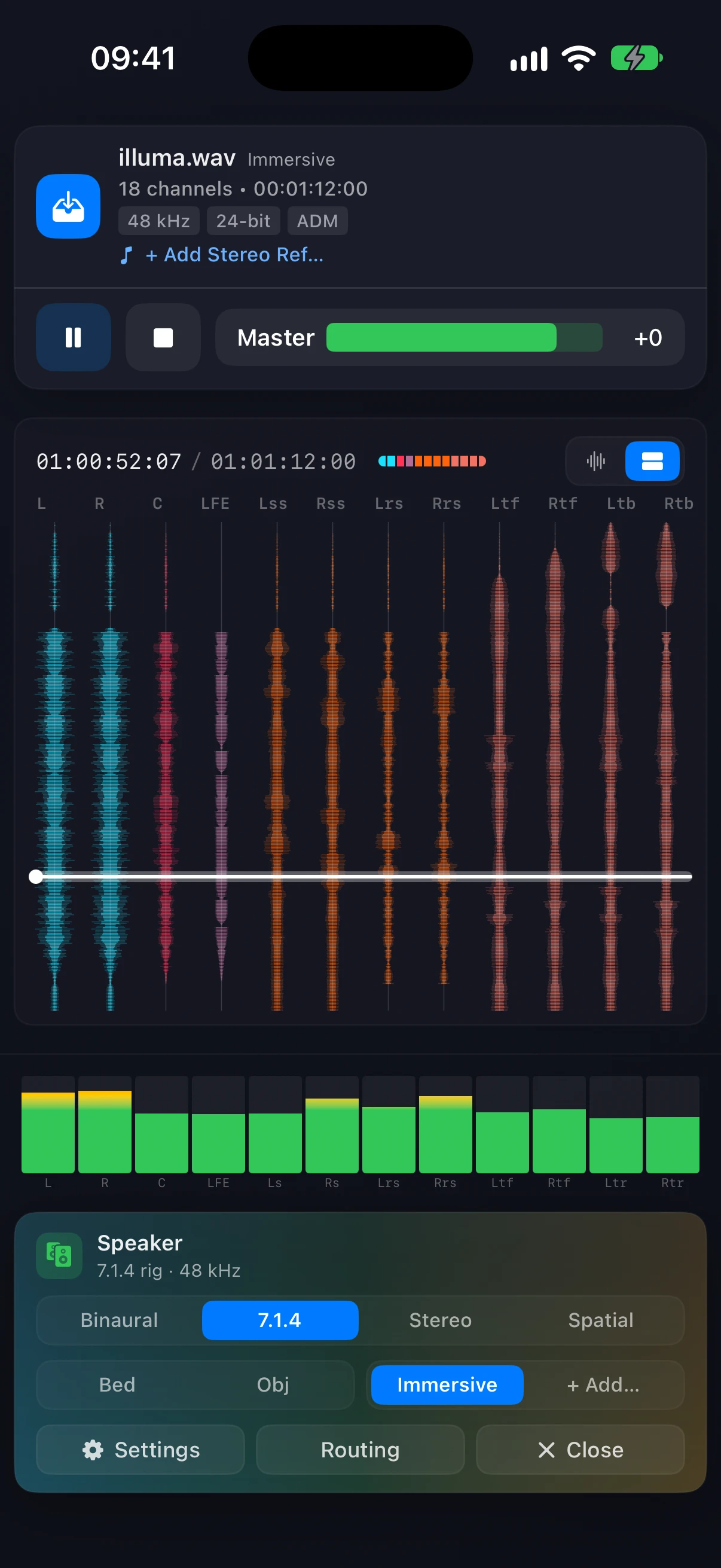 The 7.1.4 view on iPhone — twelve vertical lanes from L and R to Ltb and Rtb, coloured by speaker role, with the playhead running across them