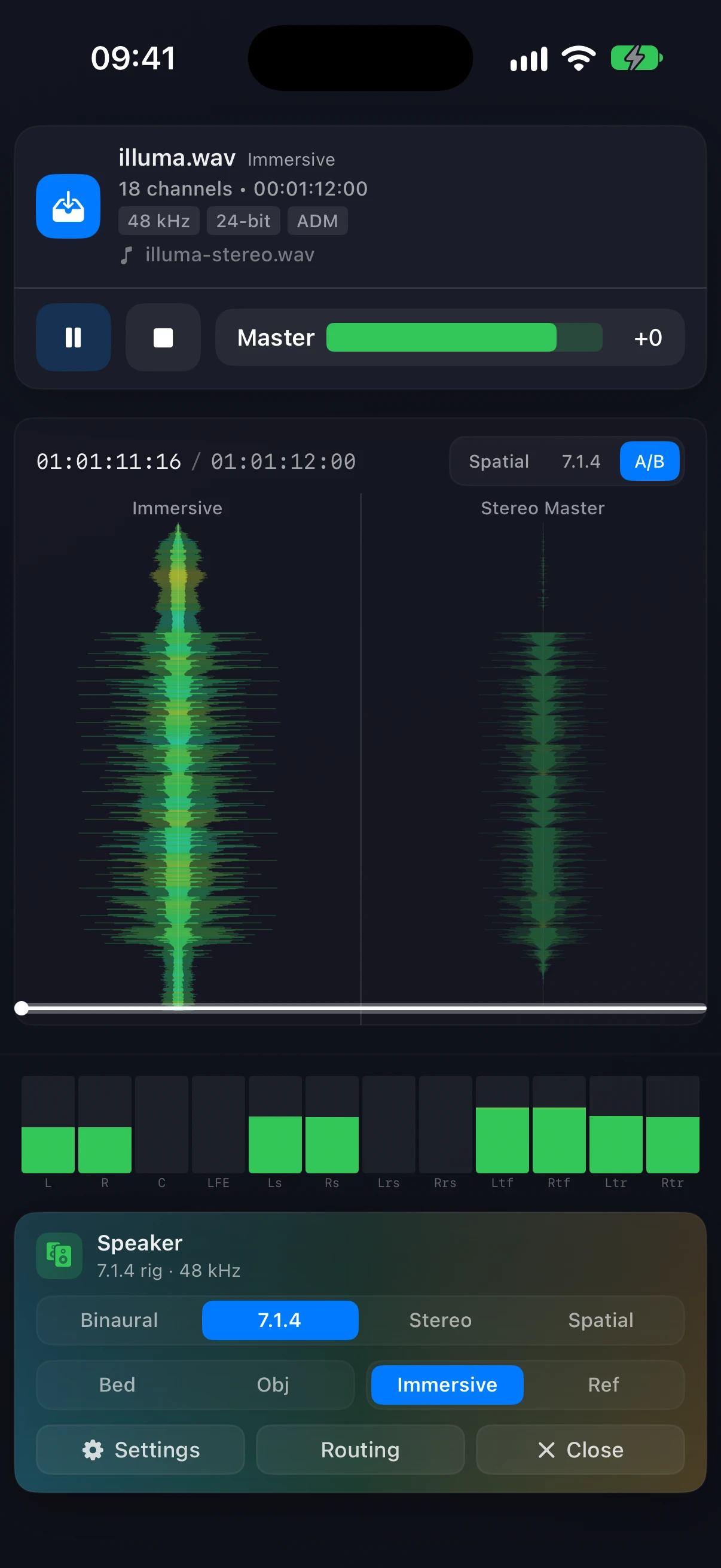 The A/B view on iPhone — the Immersive and Stereo Master lanes side by side, with Immersive / Ref in the footer