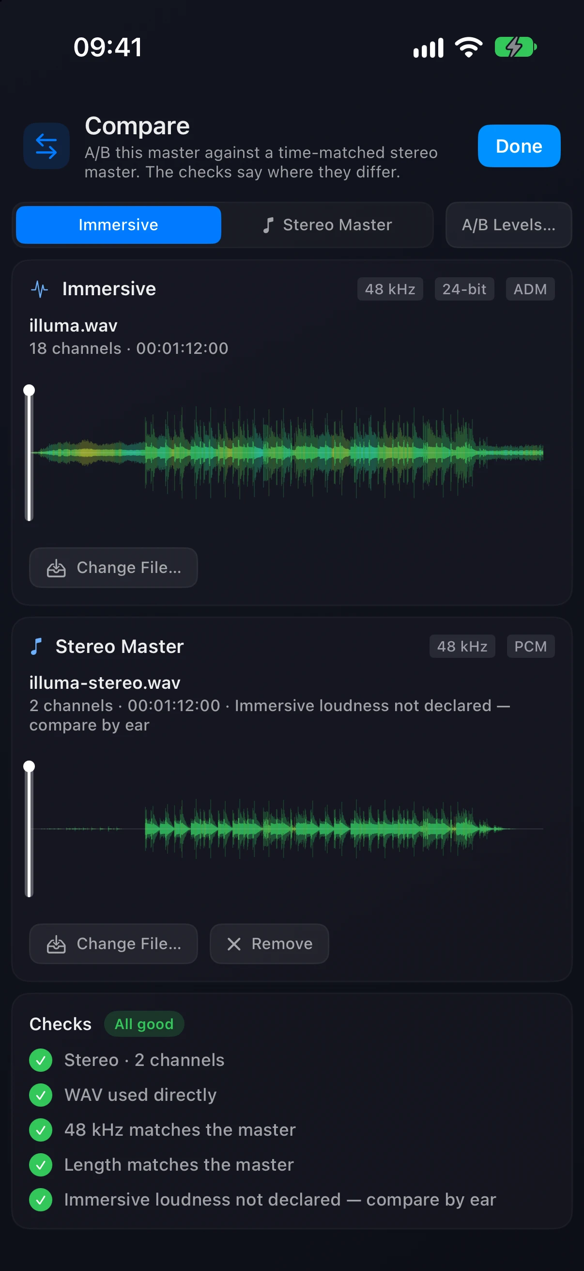 The Compare screen on iPhone — Immersive and Stereo Master cards and the Checks card reading All good