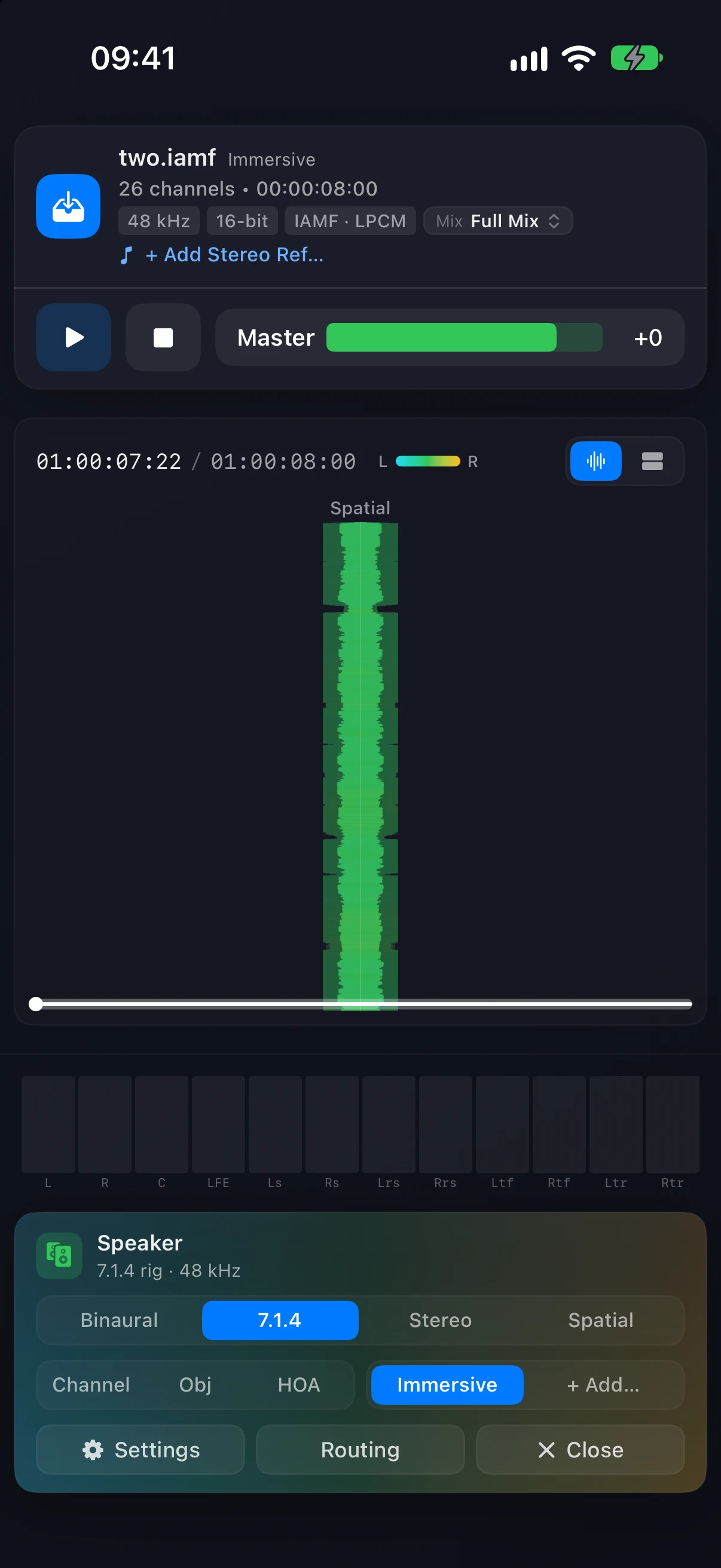 A two-mix IAMF file on iPhone — the Mix · Full Mix pill in the file card, and Channel, Obj and HOA solo buttons in the footer