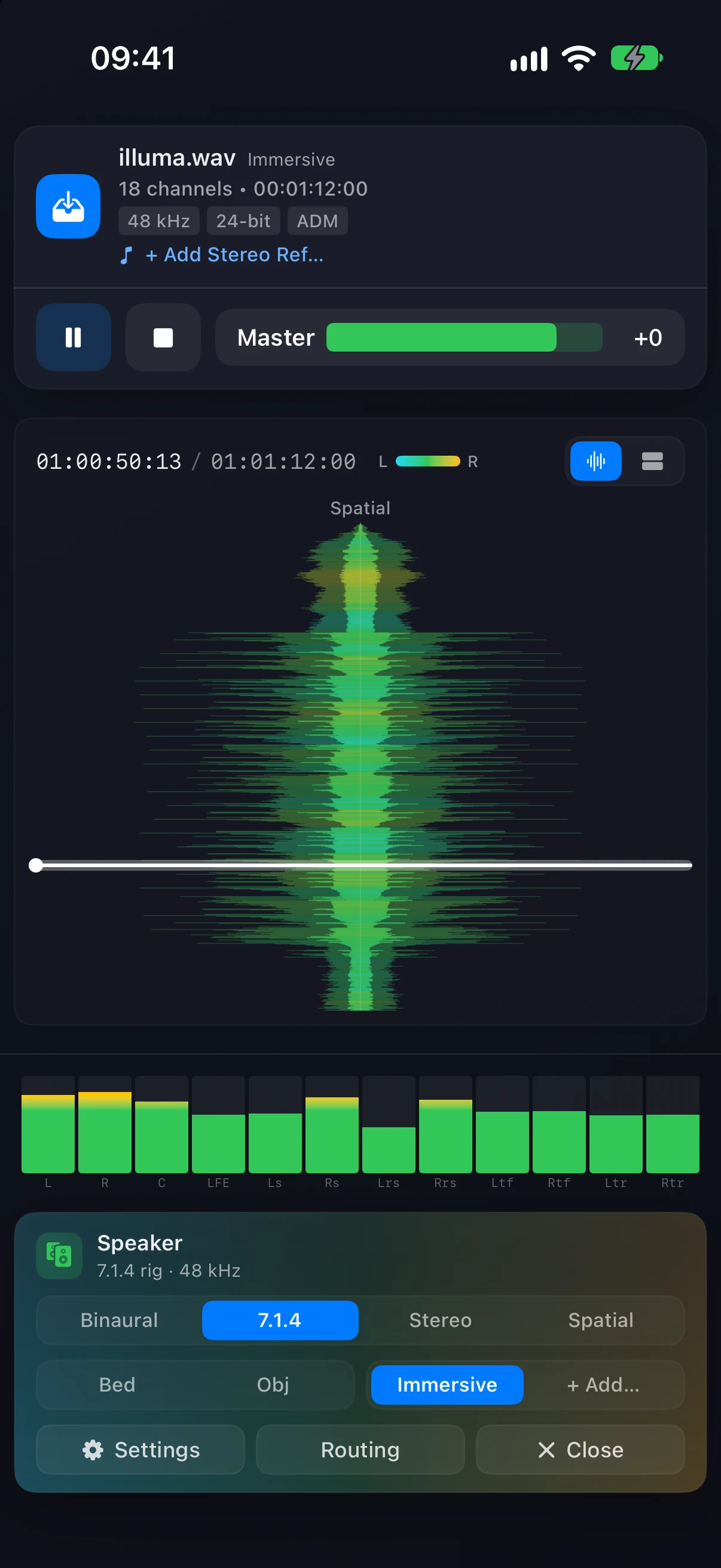 Orbit Lite on iPhone playing an ADM master in 7.1.4 — the file card and transport at the top, the Spatial timeline, twelve 7.1.4 meters and the footer card