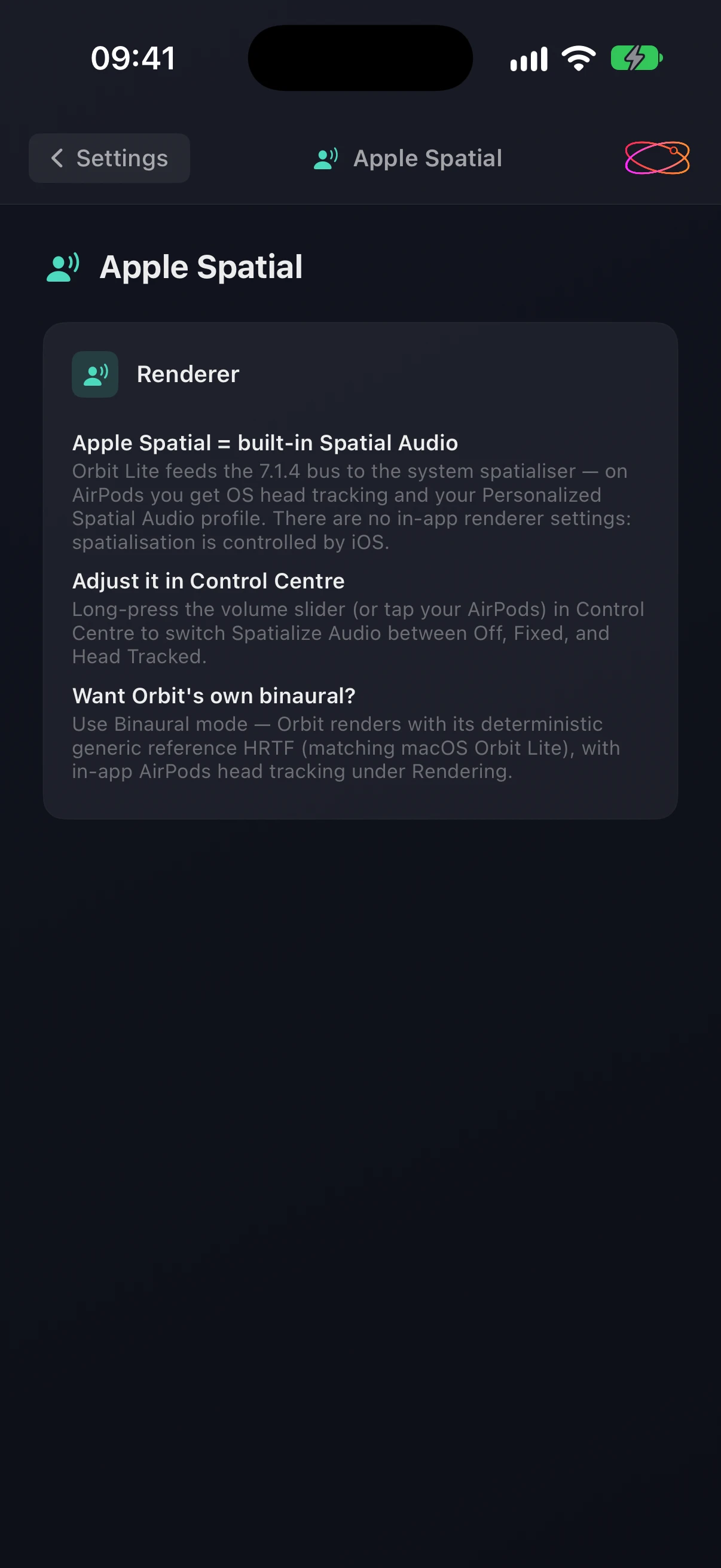 Settings ▸ Apple Spatial on iPhone — Apple Spatial is built-in Spatial Audio, adjusted in Control Centre; use Binaural for Orbit's own render