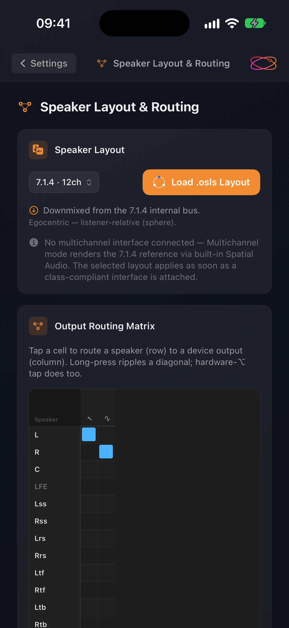 Settings ▸ Speaker Layout & Routing on iPhone — the 7.1.4 layout menu, Load .osls Layout, and the Output Routing Matrix
