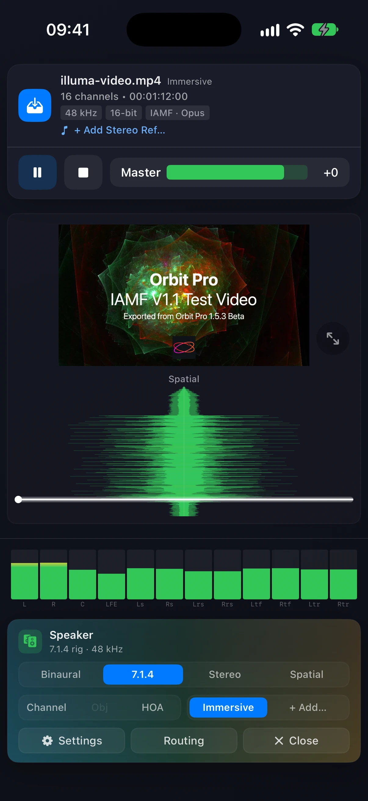 An IAMF file with video playing on iPhone — the picture above the Spatial waveform, with an expand button beside it