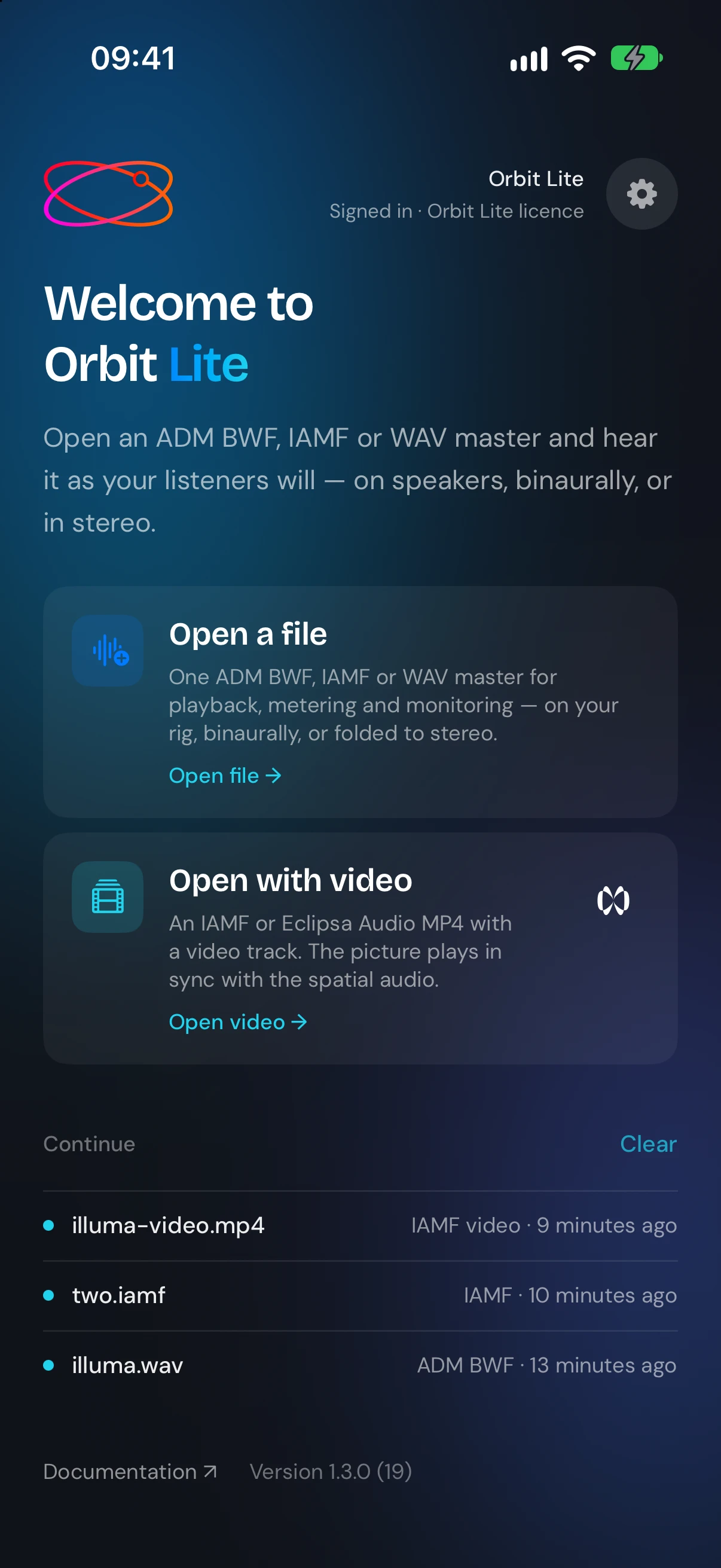 The Orbit Lite welcome screen on iPhone — Open a file, Open with video, and a Continue list of three recent files