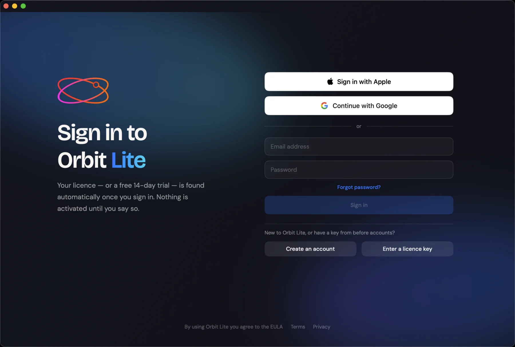 The Sign in to Orbit Lite screen — Sign in with Apple, Continue with Google, email and password, and Create an account or Enter a licence key