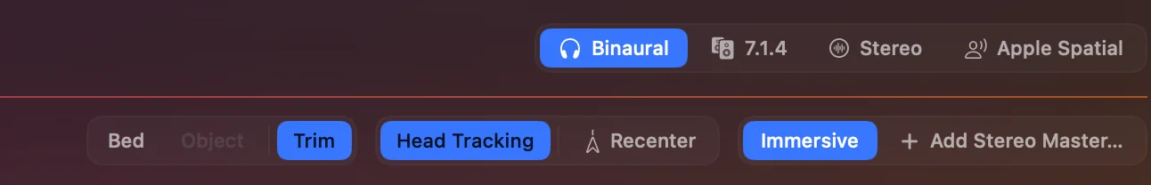 The footer's mode switch — Binaural, 7.1.4, Stereo and Apple Spatial — above the solo, Head Tracking and Immersive / Add Stereo Master controls