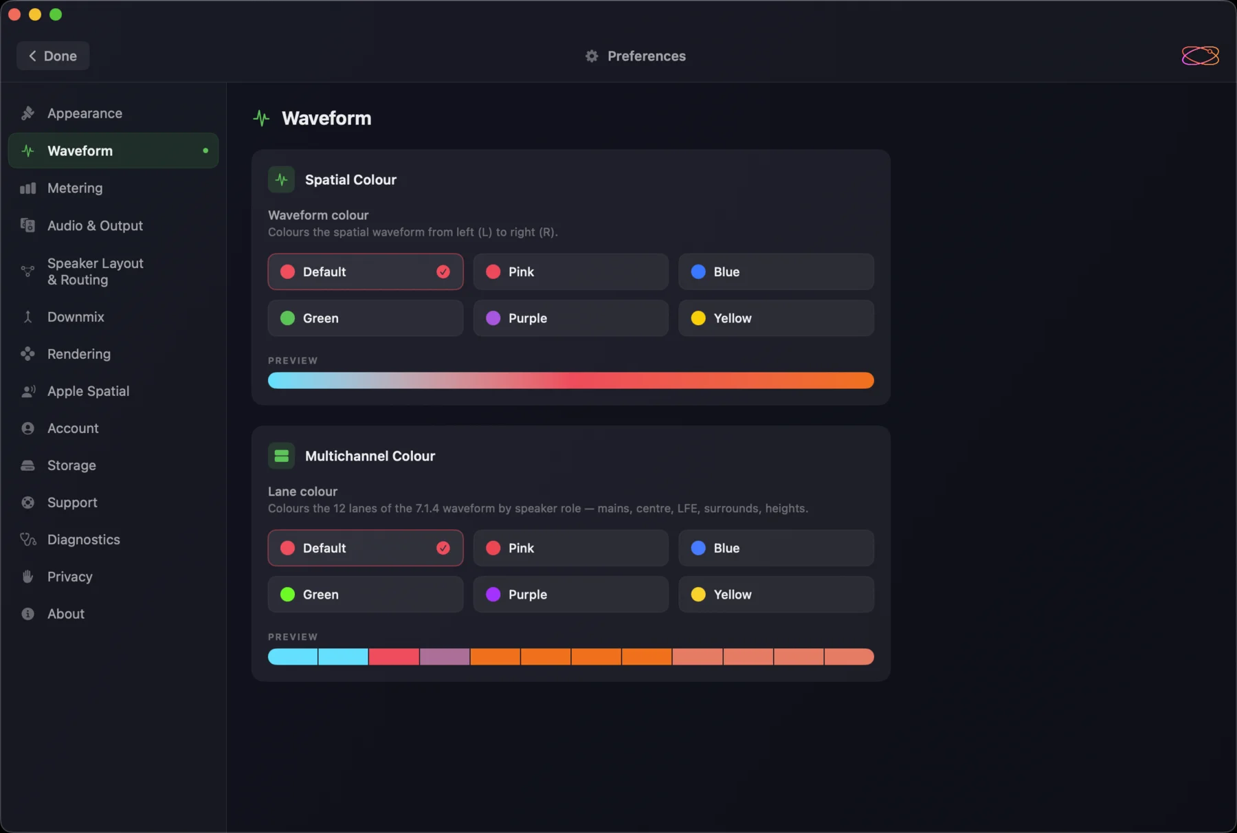The Orbit Lite Preferences window on the Waveform pane — Spatial Colour and Multichannel Colour options, each with a preview