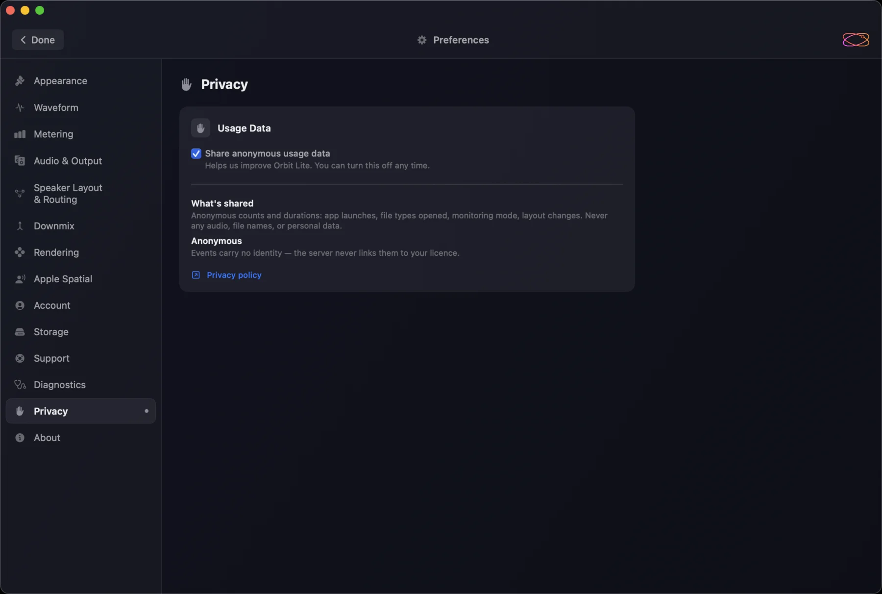 The Privacy preferences — a 'Share anonymous usage data' toggle, with 'What's shared' and 'Anonymous' explanations and a Privacy policy link