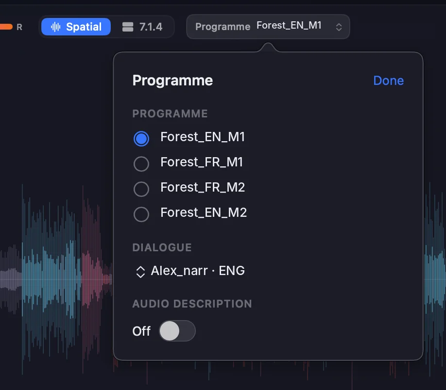 The Programme popover — four programmes with the first selected, a Dialogue menu set to Alex_narr · ENG, and the Audio Description switch off