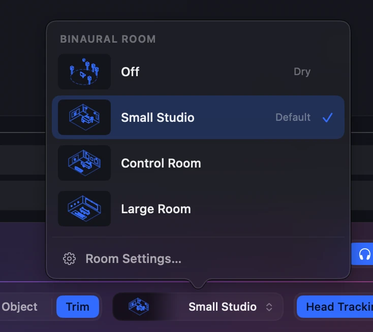The footer's room menu, open above the room chip: Binaural Room — Off (Dry), Small Studio (Default, ticked), Control Room and Large Room, each with a small blue line drawing of the room, and Room Settings… at the bottom
