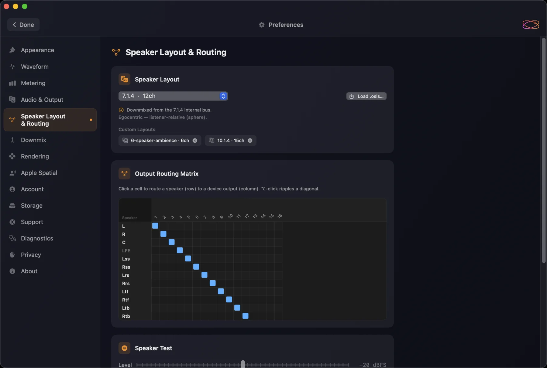 Speaker Layout & Routing — 7.1.4 selected with Load .osls and two custom layouts, above the Output Routing Matrix with the twelve speakers on outputs 1 to 12
