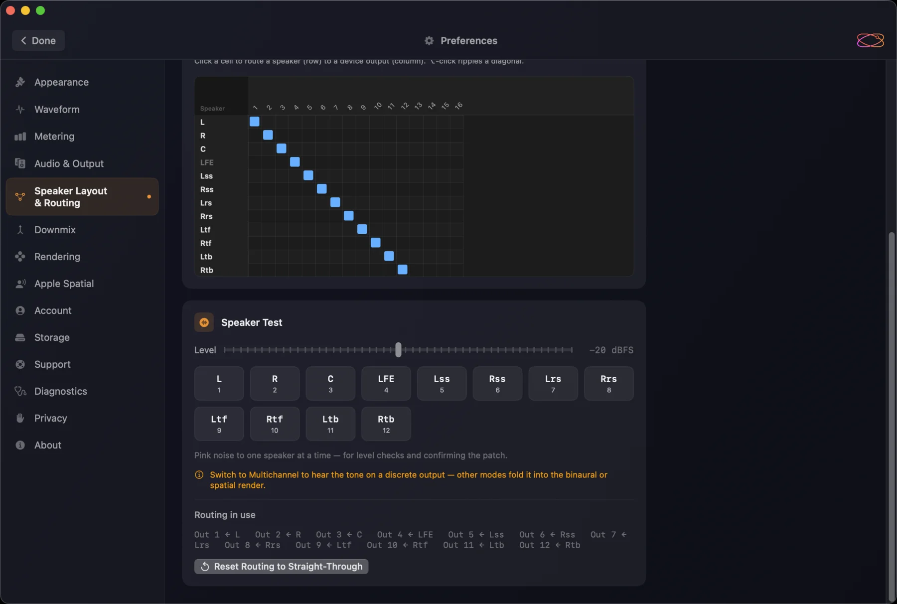 The Speaker Test — a Level slider at −20 dBFS, a button for each of the twelve 7.1.4 speakers, and the Routing in use summary