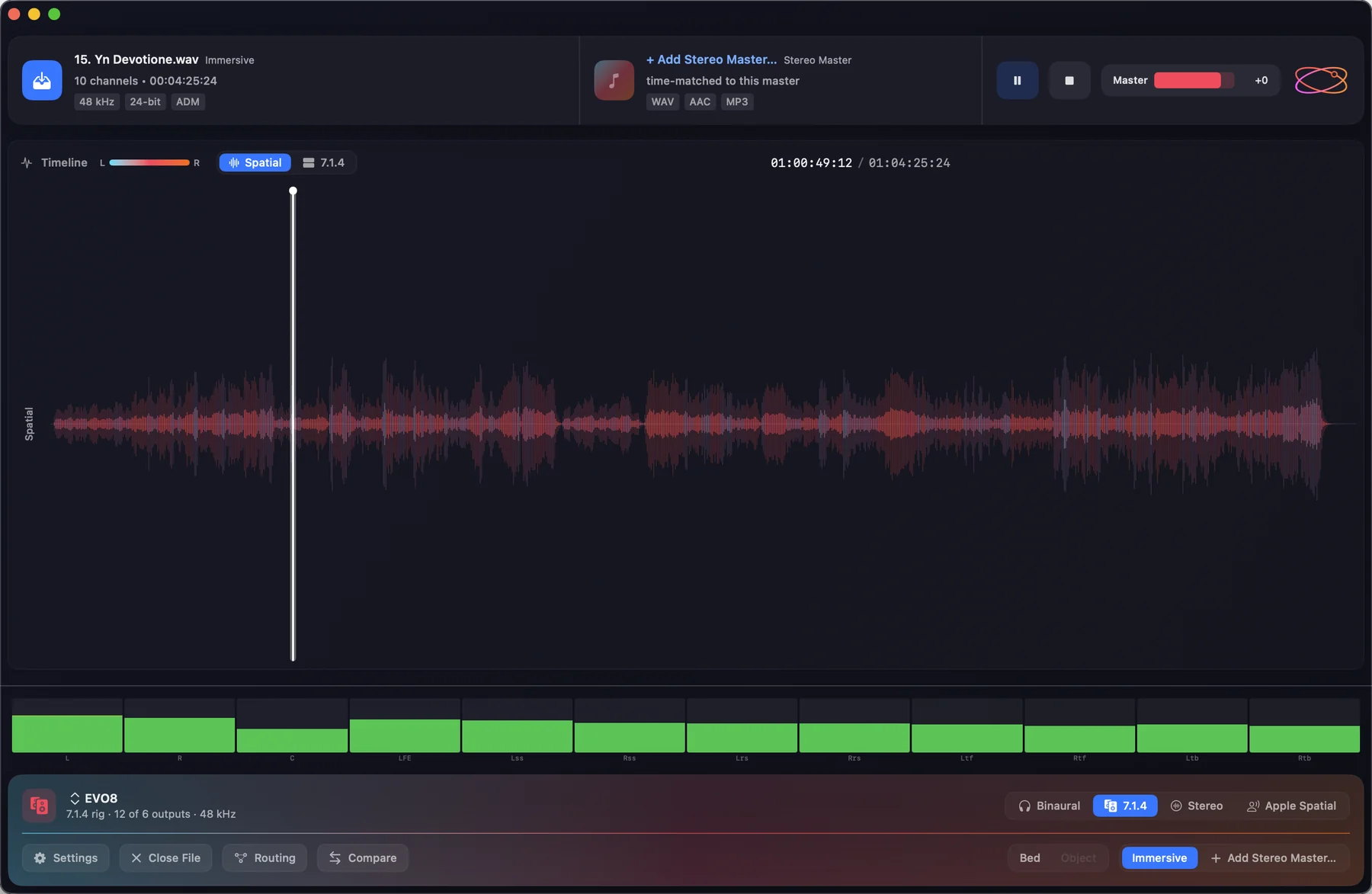 The Orbit Lite main window — the transport bar with the immersive master and an Add Stereo Master slot, the Spatial timeline, 7.1.4 meters and the footer card
