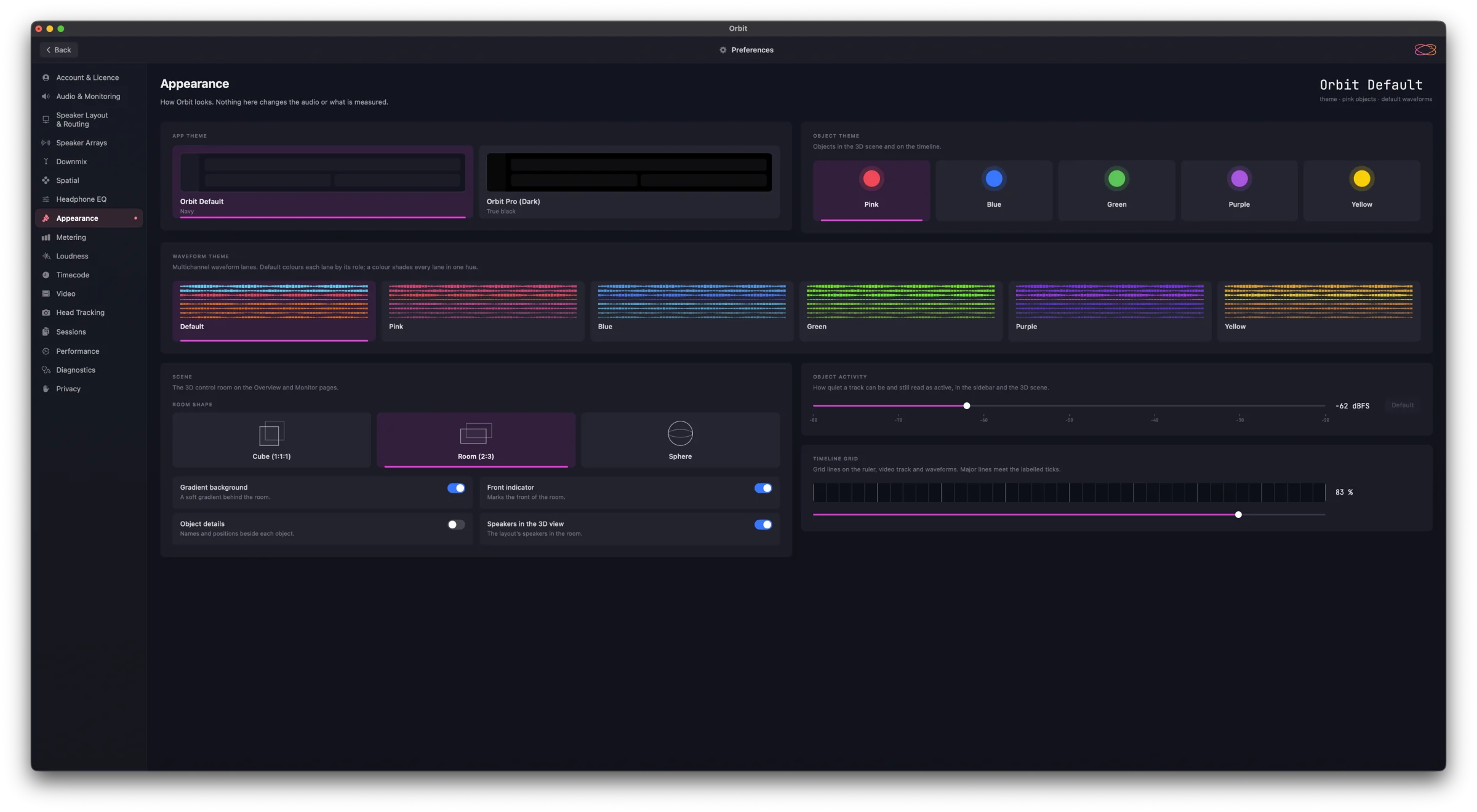 Preferences ▸ Appearance — App Theme cards (Orbit Default and Orbit Pro (Dark)), Object Theme colours, Waveform Theme swatches, the Scene card with room shapes and switches, the Object Activity slider at −62 dBFS, and the Timeline Grid brightness slider