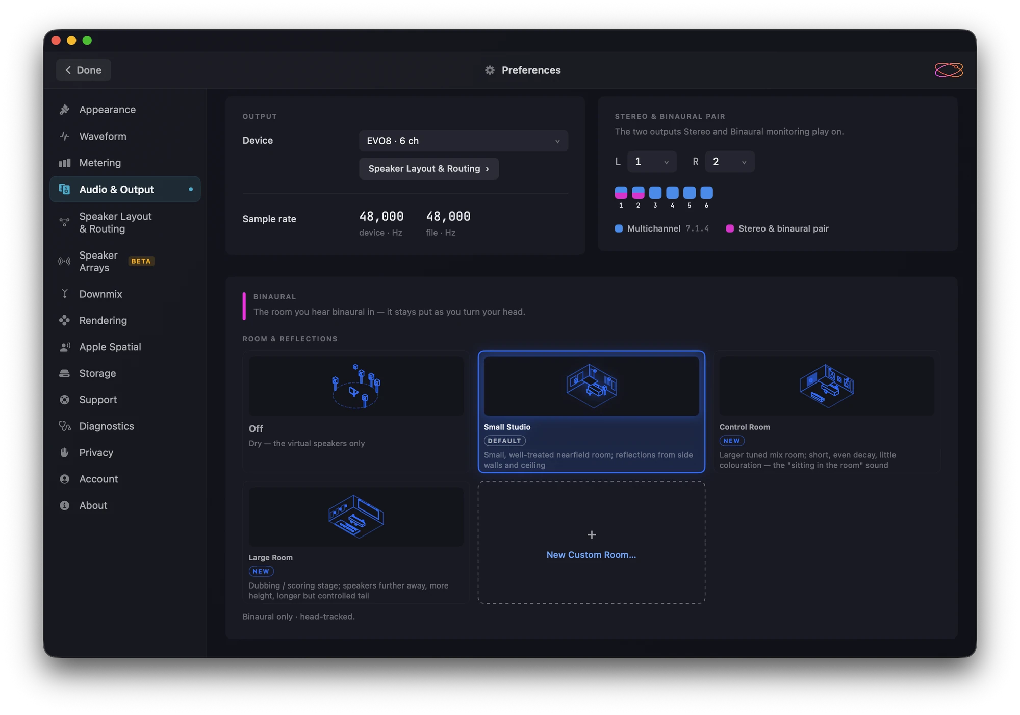 Preferences in the 1.3.2 beta, Audio & Output: the sidebar of panes on the left, the Output and Stereo & Binaural Pair panels at the top, and the Binaural panel with the room cards below