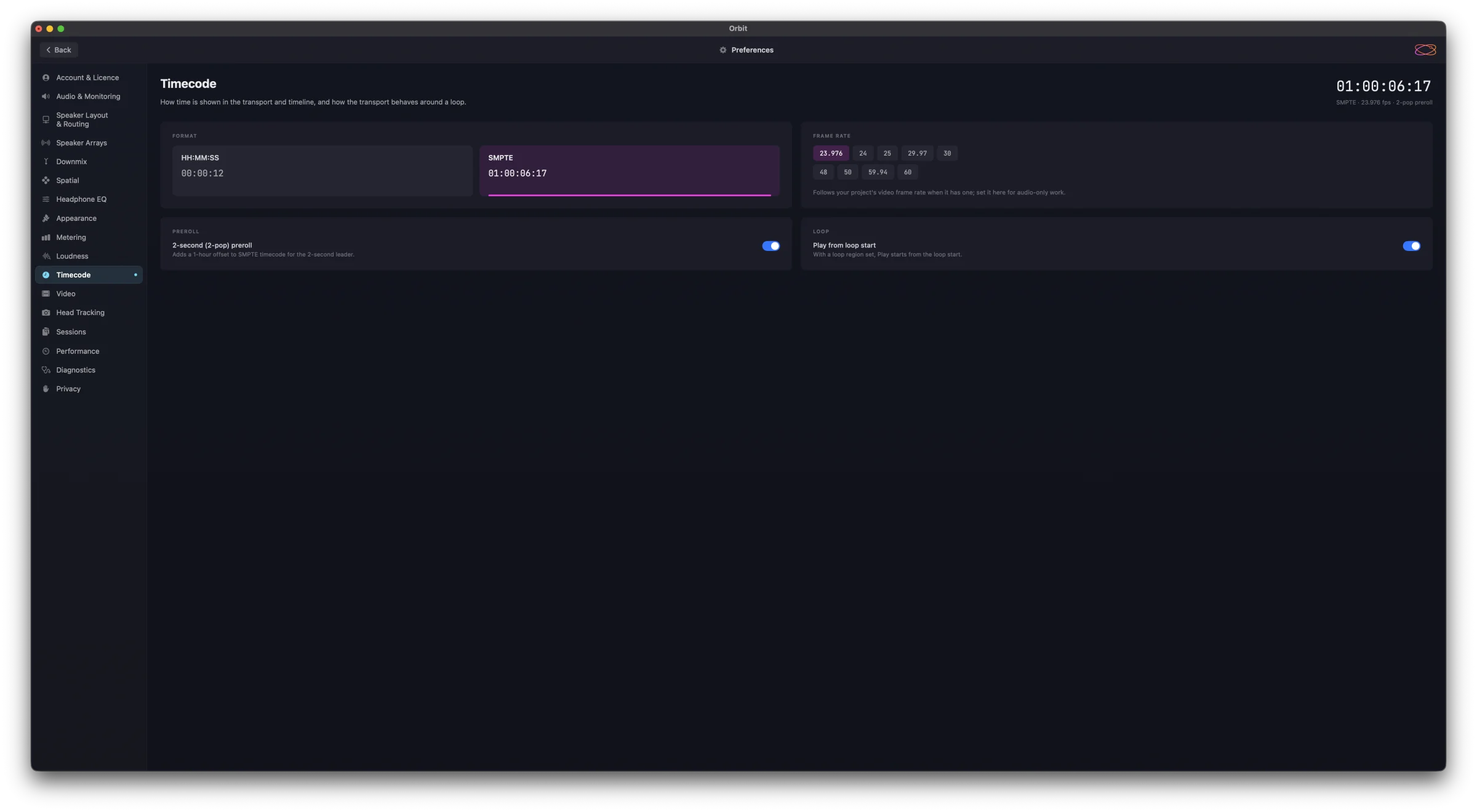 Preferences ▸ Timecode — HH:MM:SS and SMPTE format cards with SMPTE selected, frame-rate buttons from 23.976 to 60 with 23.976 selected, the 2-second (2-pop) preroll switch, and the Play from loop start switch