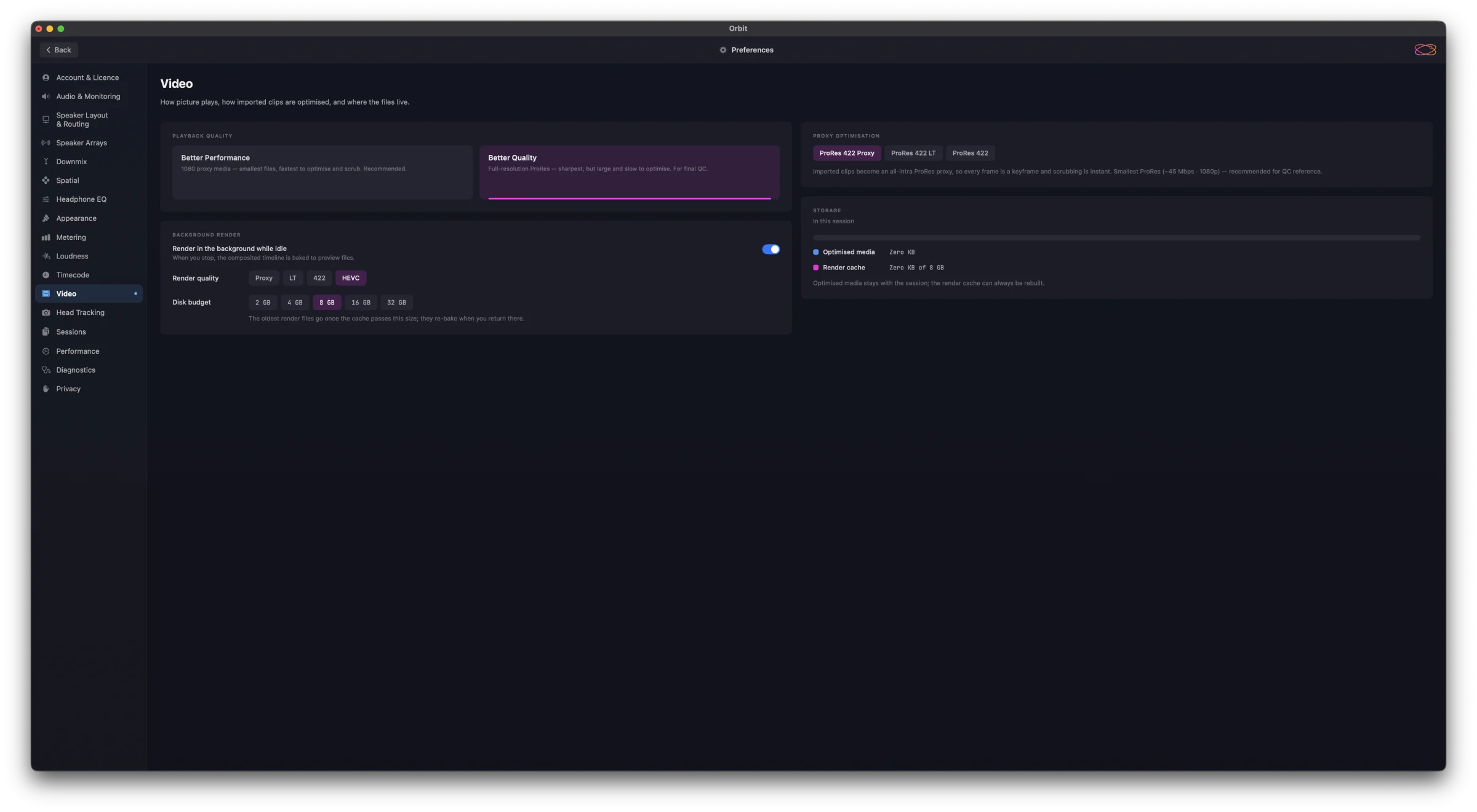 Preferences ▸ Video — Better Performance and Better Quality playback cards, Background Render with render quality and disk budget buttons, the Proxy Optimisation ProRes tiers, and Storage for this session