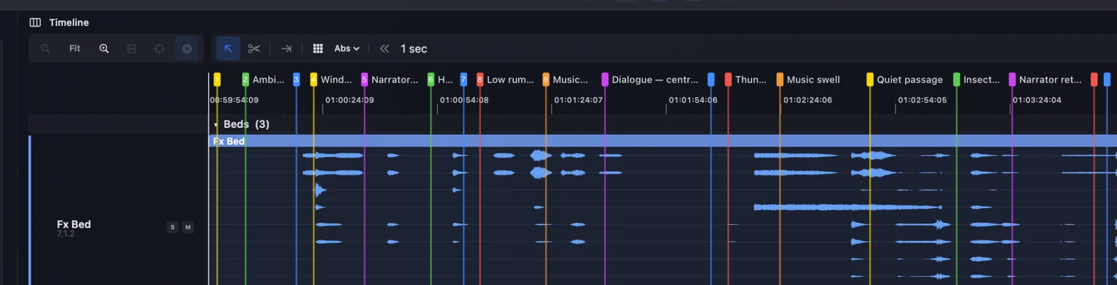 The Timeline View with coloured markers running through the waveforms, each marker's number and name in its own row above the timecode