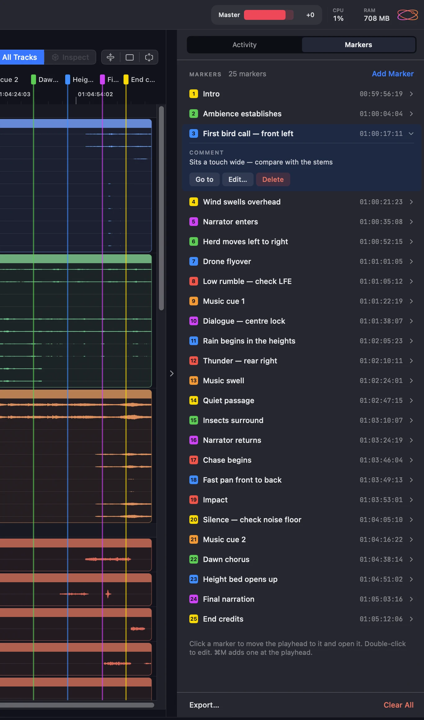The Timeline View with the Markers tab open in the right-hand panel beside the waveforms, listing 25 markers with marker 3 expanded