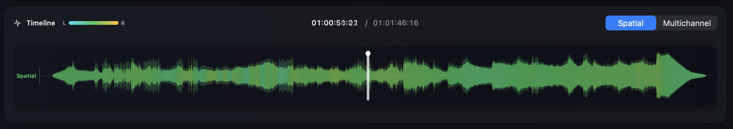 Timeline scrubber with view toggle and timecode